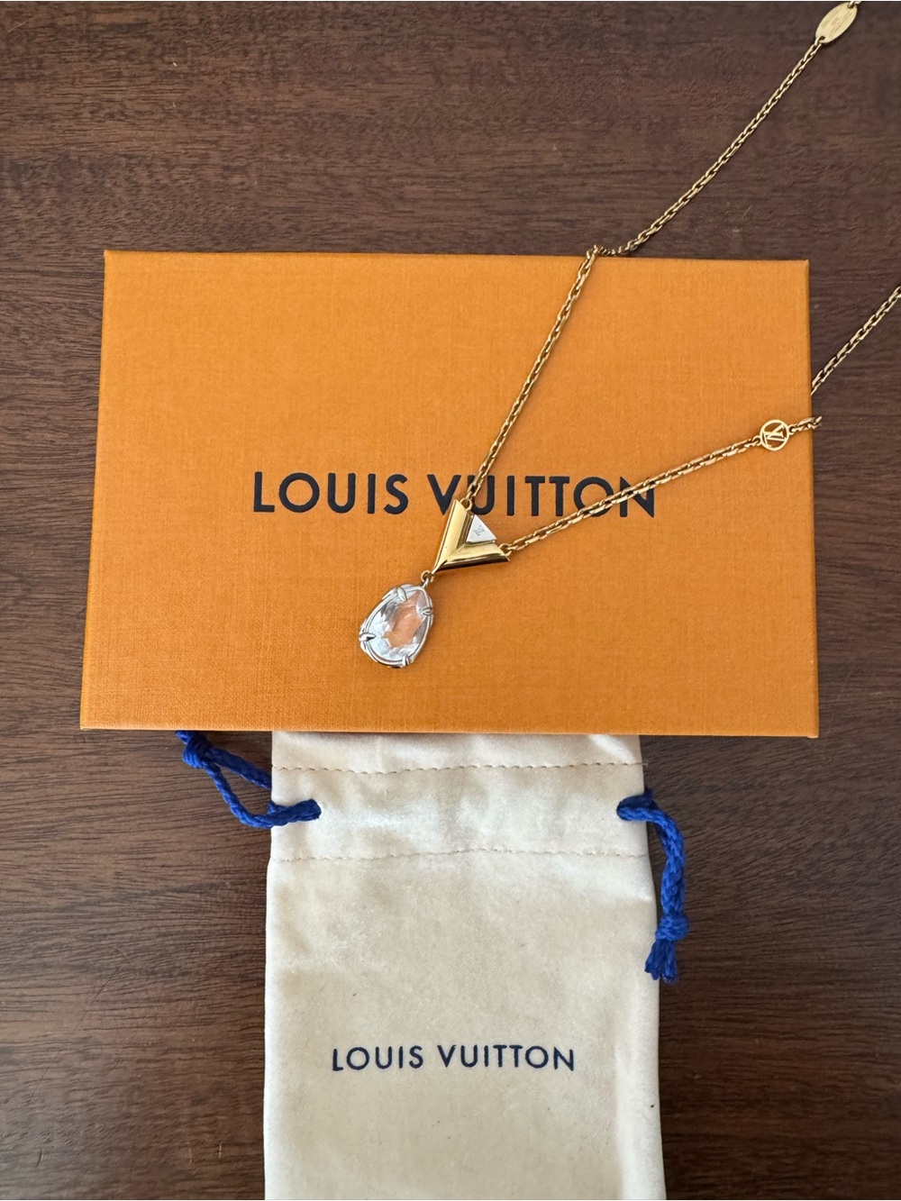 Louis Vuitton Gold V and Clear Crystal Teardrop Pendant Necklace